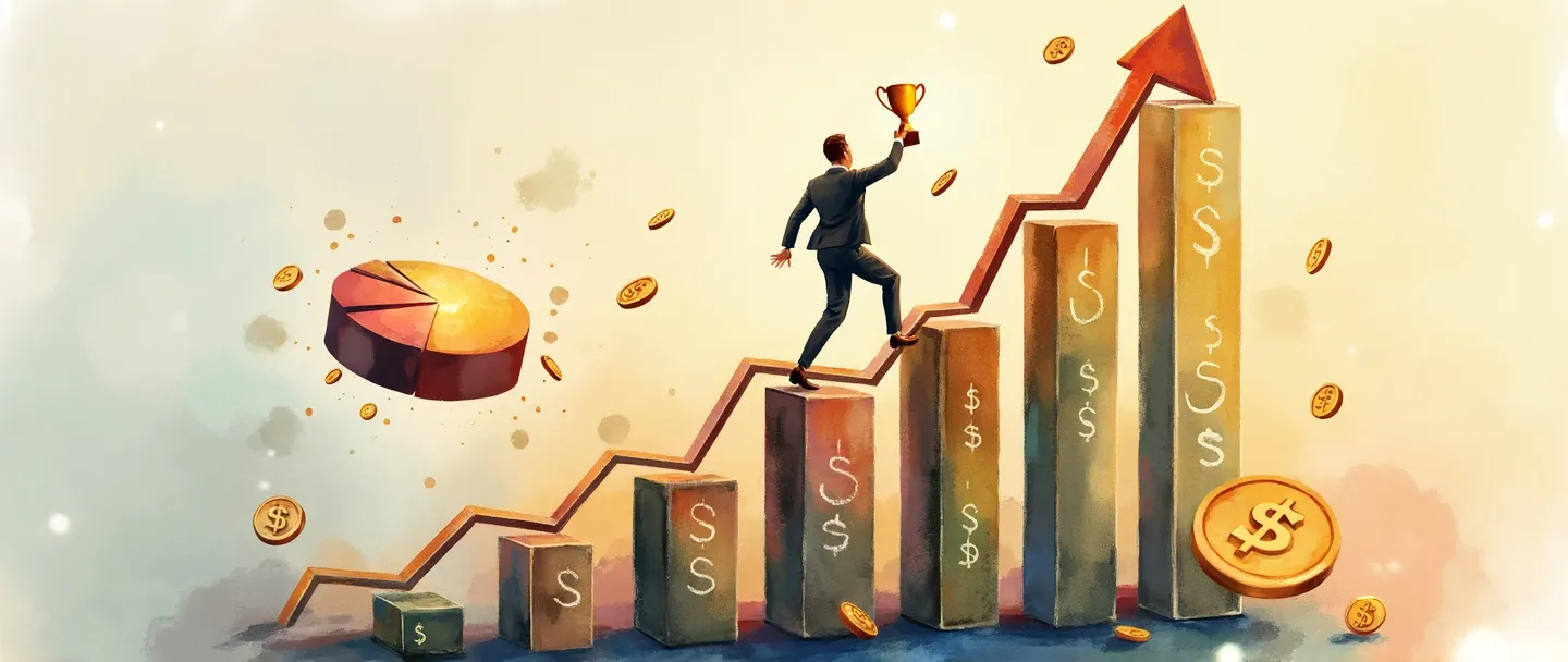 Uma pintura digital em aquarela de um gráfico com tendência ascendente com cifrões e moedas em cada ponto de dados. Uma pessoa de negócios escala o gráfico como uma escada enquanto segura um troféu dourado. Um gráfico de pizza simples flutua por perto com um segmento brilhante. Cores quentes, composição limpa, tema de sucesso financeiro.