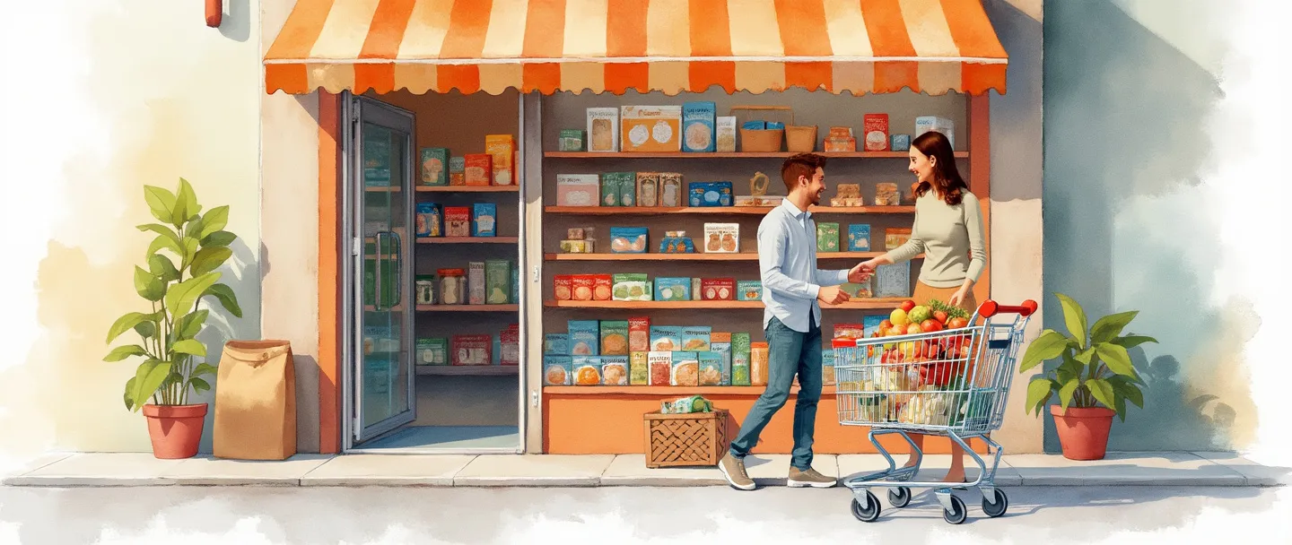 Uma pintura digital em aquarela de uma fachada de loja com uma porta aberta, mostrando prateleiras abastecidas com produtos coloridos. Um carrinho de compras e uma cesta de compras estão próximos. Um cliente sorridente troca dinheiro com um lojista. Composição simples com cores quentes e convidativas representando um negócio de varejo.