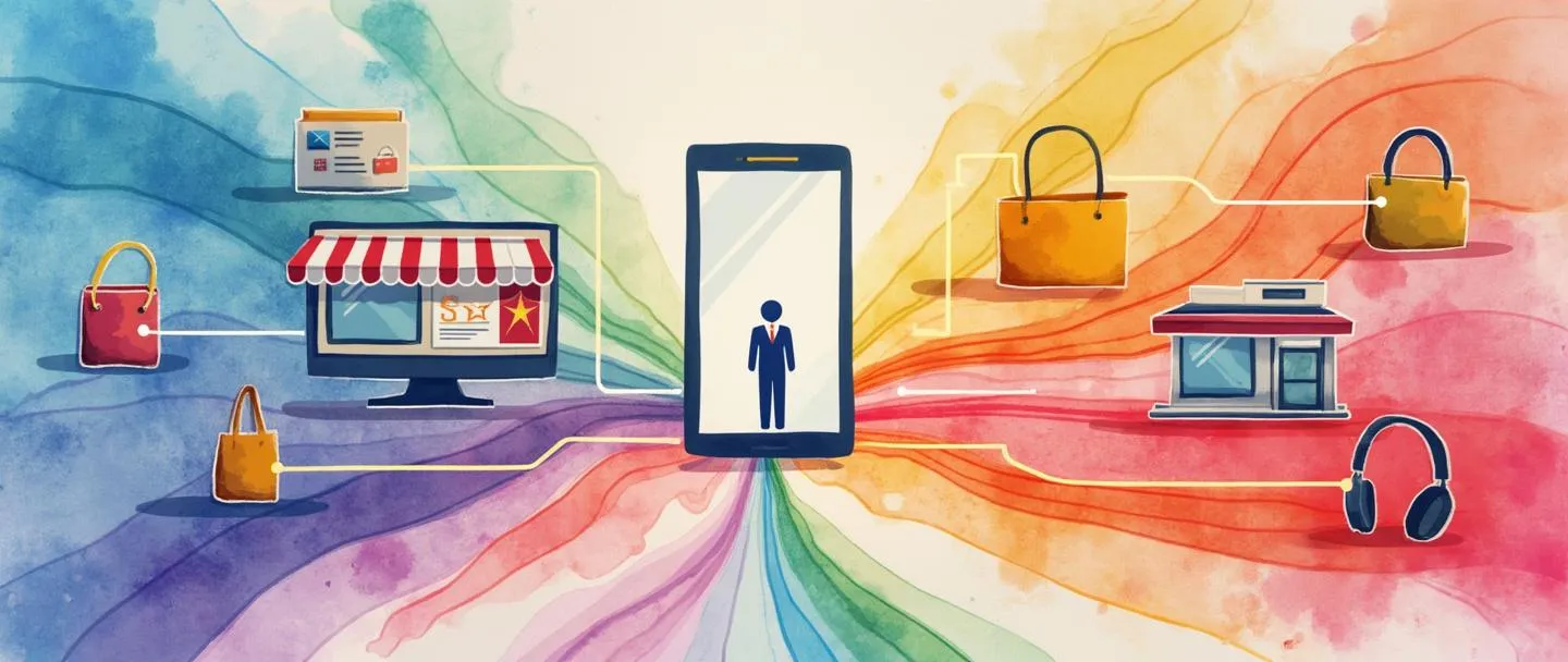 Uma pintura digital em aquarela de um smartphone no centro conectado por linhas de arco-íris fluidas a um computador, sacola de compras, fones de ouvido e fachada de loja. Uma figura de cliente está no meio, cercada por um brilho circular representando a integração perfeita em todos os canais. Composição simples com cores vibrantes destacando a conectividade e a experiência de comércio unificada.