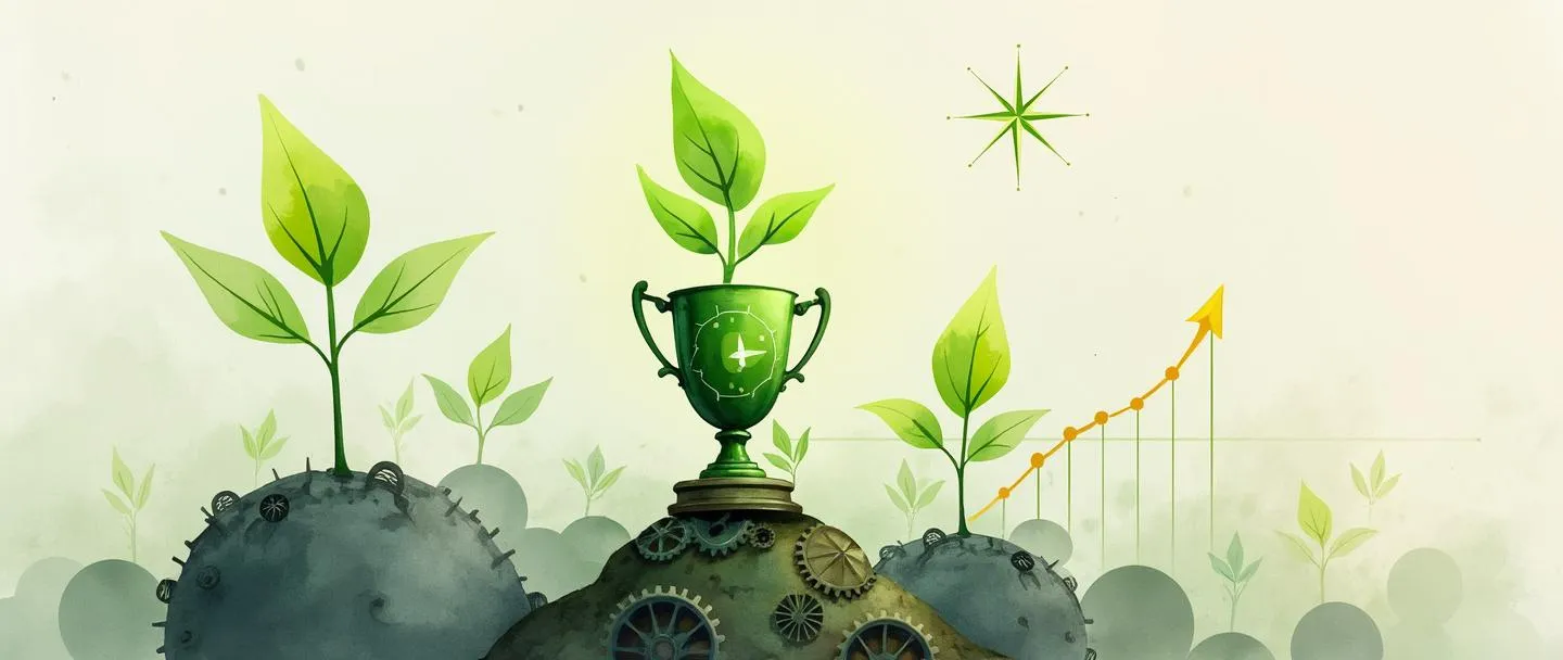 Uma pintura digital em aquarela de uma muda verde crescendo a partir da base de um troféu, com uma vantagem sustentável. A muda se ergue mais alta que os competidores cinzentos ao redor, com engrenagens em suas raízes e um sutil brilho verde. Uma bússola aponta para ela enquanto um pequeno gráfico mostra crescimento ascendente. Composição simples com verde vibrante contra um fundo suave.