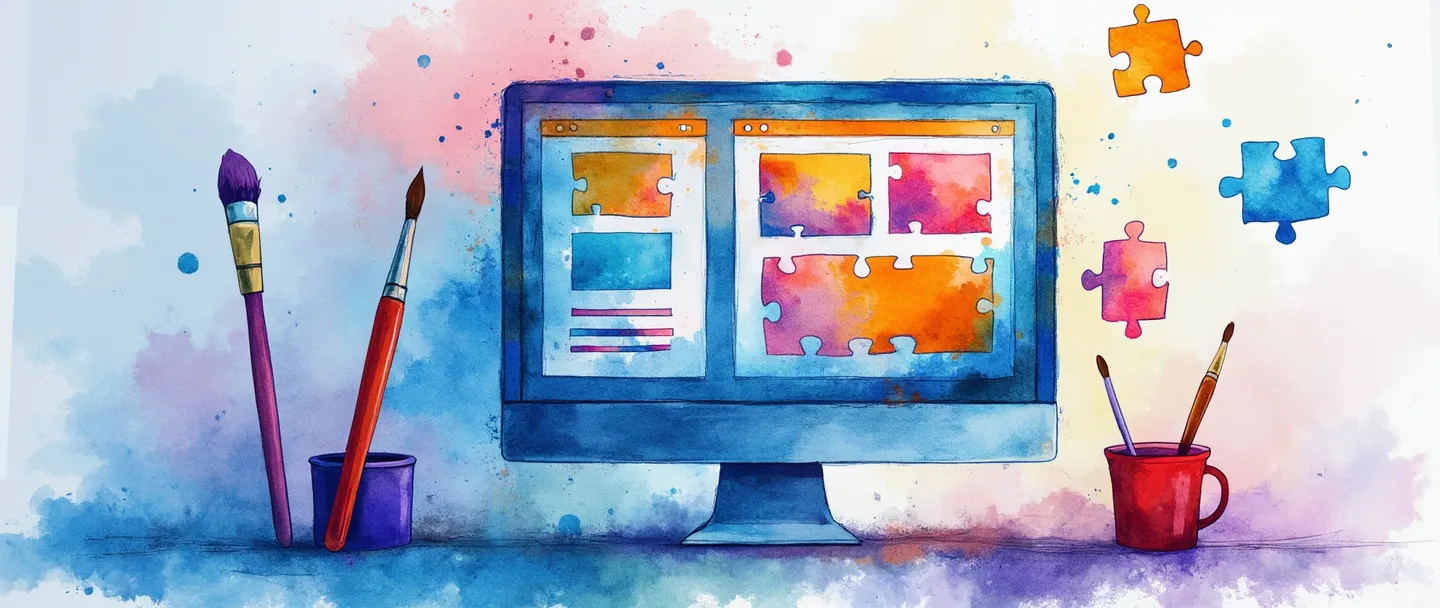 Uma pintura digital em aquarela de uma tela de computador exibindo um layout em grade com wireframes coloridos e elementos de design. Um pincel e uma régua flutuam ao lado, com peças de quebra-cabeça se organizando em uma estrutura de página web. Composição simples com tons vibrantes de azul e roxo, mostrando a organização de elementos de design web.