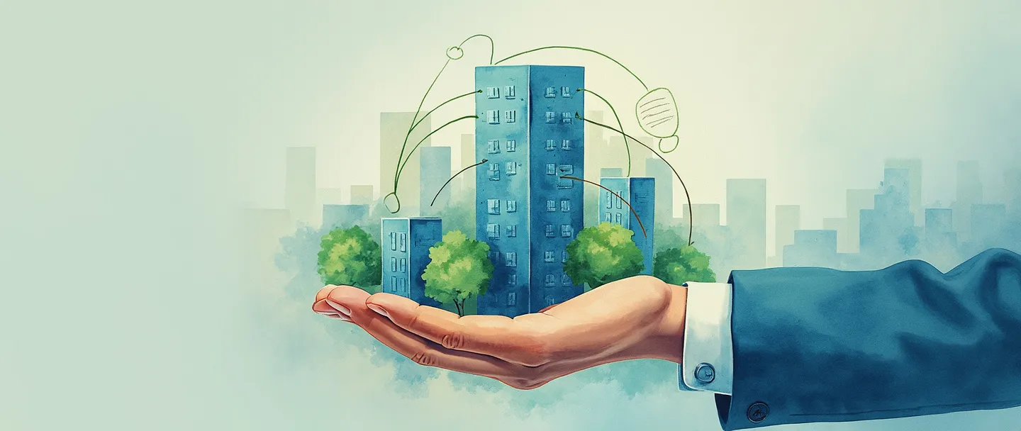 Uma pintura digital em aquarela de um edifício central de escritórios com edifícios menores conectados por linhas fluidas, lembrando a estrutura de uma árvore genealógica. Uma mão protetora envolve o arranjo, com uma pasta de documentos e um contrato visíveis nas proximidades. Composição simples, tons de azul e verde empresariais, transmitindo organização e proteção.