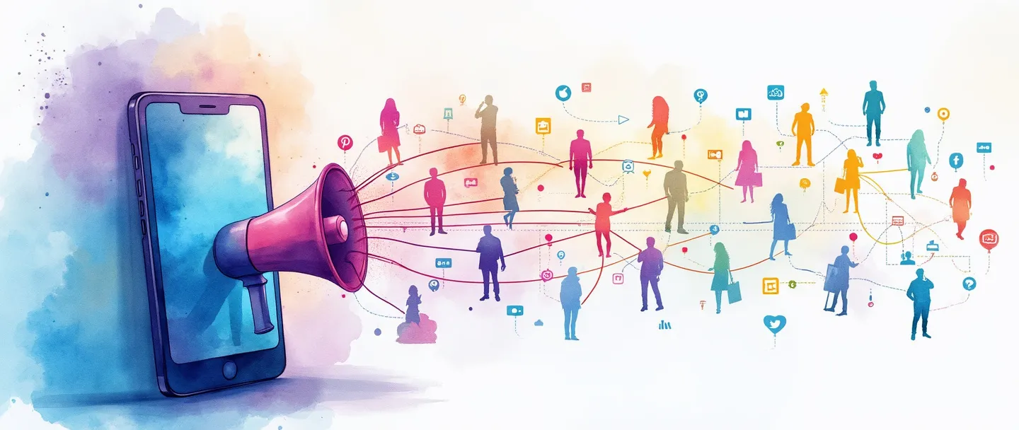 Uma pintura digital em aquarela de um smartphone cercado por ícones coloridos de redes sociais que se transformam em silhuetas de pessoas se conectando. Um pequeno megafone emite ondas vibrantes que fluem através de um diagrama simplificado de rede. Design limpo com tons brilhantes de azul e roxo contra um fundo branco suave.