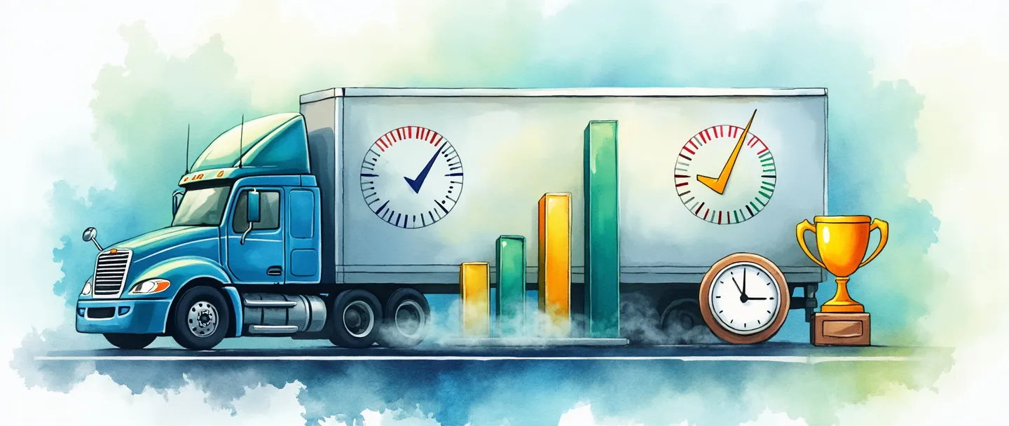 Uma pintura digital em aquarela de um caminhão de entrega com um velocímetro em sua lateral, dirigindo em direção a um alvo com uma marca de verificação. Um gráfico de barras simples se eleva ao lado do caminhão, com um pequeno relógio e troféu nas proximidades. Linhas limpas, azuis e verdes vibrantes, tema profissional de desempenho de entrega.