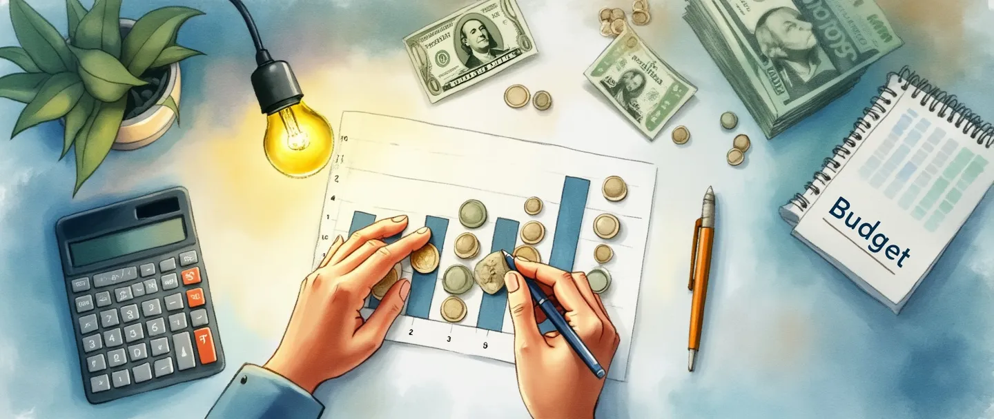 Uma pintura digital em aquarela de uma pessoa organizando pensativamente moedas e notas em um gráfico de barras simples. Um calendário e uma calculadora estão próximos, enquanto uma pequena lâmpada brilha acima, iluminando um documento de orçamento. Composição limpa com tons suaves de azul e verde, transmitindo planejamento e organização financeira.
