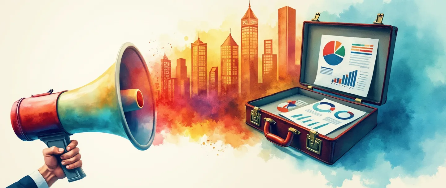 Uma pintura digital em aquarela de um megafone emitindo ondas coloridas que se transformam em prédios comerciais e apertos de mão. Uma pasta executiva simples com um portfólio aberto exibe gráficos e documentos vibrantes. Cores quentes e profissionais com um fundo limpo.
