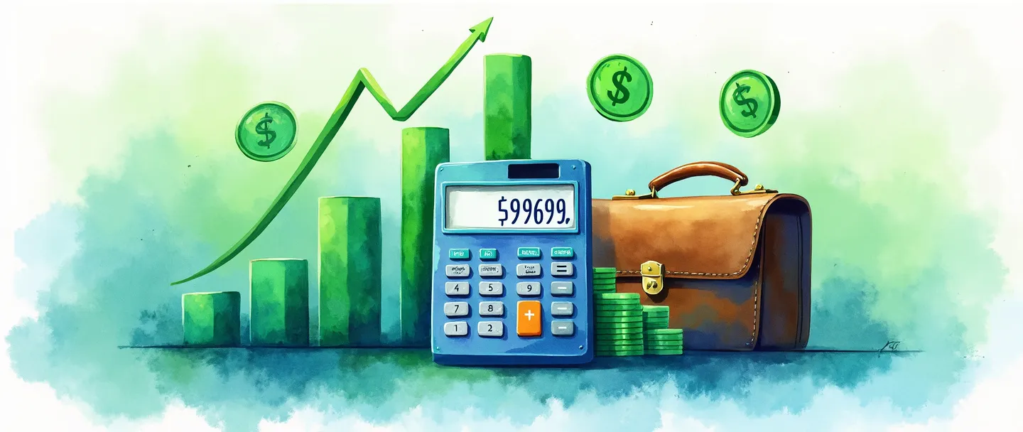 Uma pintura digital em aquarela de uma calculadora exibindo números de lucro, cercada por gráficos de barras com tendência ascendente em verde. Símbolos de dinheiro flutuam acima, enquanto uma pasta executiva está próxima. Composição simples com azuis e verdes vibrantes, transmitindo valor de lucro operacional em um estilo limpo e profissional.