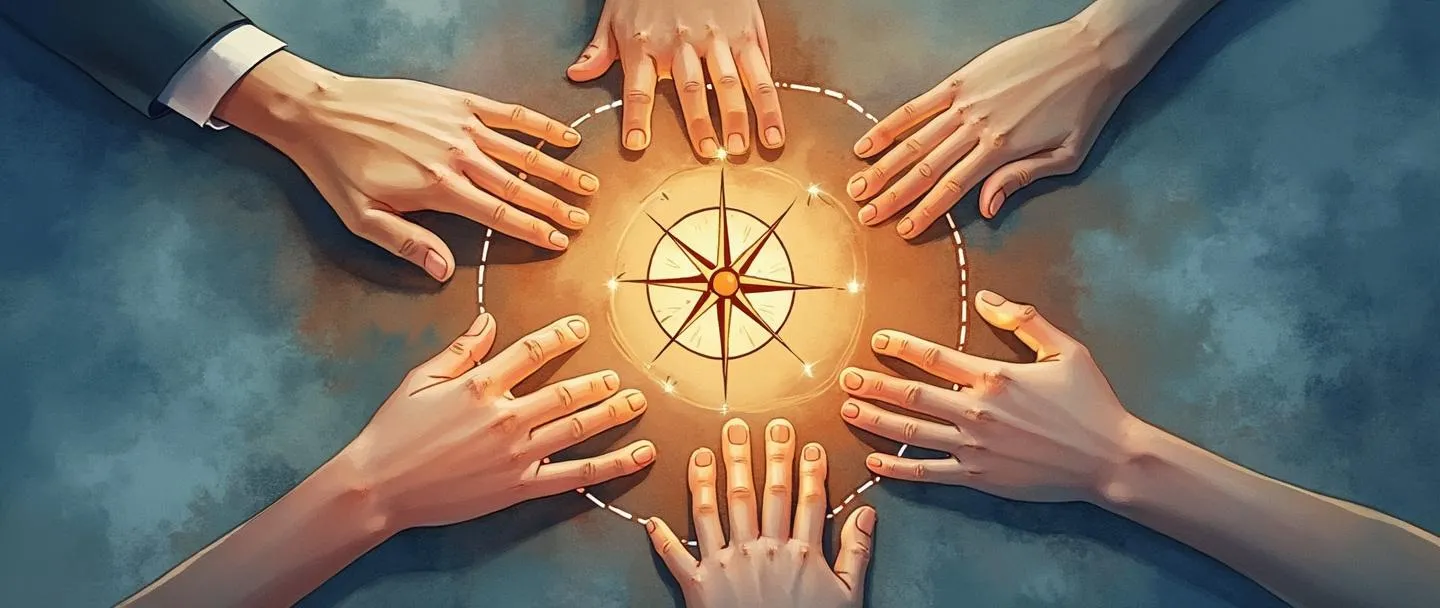 Uma pintura digital em aquarela de mãos interconectadas formando um círculo, com linhas sutis de rede conectando-as como um hub. No centro, uma rosa dos ventos brilhante simboliza direção nos relacionamentos. Composição simples com cores quentes e convidativas. Profissional, porém acessível.