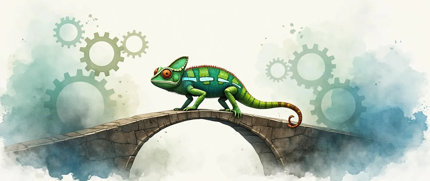 Uma pintura digital em aquarela de um camaleão mudando graciosamente de cores enquanto se equilibra em uma ponte que se transforma de madeira para pedra e depois para aço moderno. Os olhos do camaleão olham confiantemente para frente enquanto engrenagens giram sutilmente no fundo. Composição simples com transições fluidas entre os elementos, usando tons suaves de azul, verde e matizes adaptáveis.