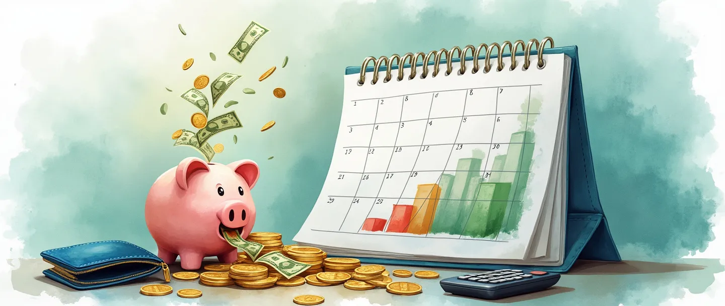 Uma pintura digital em aquarela de um calendário com dinheiro e moedas fluindo para compartimentos organizados. Um cofrinho de porquinho está ao lado de um gráfico de barras simples mostrando o progresso mensal. Uma carteira e uma calculadora repousam nas proximidades. Tons suaves de azul e verde criam uma atmosfera calma de planejamento financeiro.