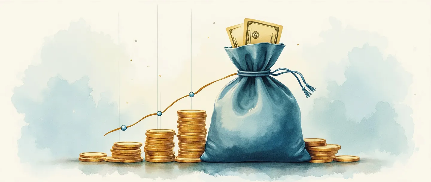 Uma pintura digital em aquarela de um saco de dinheiro conectado a um gráfico de barras ascendente simples, com um pequeno ícone de alvo no topo. Moedas fluem do saco para formar o gráfico. Composição limpa com tons suaves de azul e dourado, representando a medição de receita.