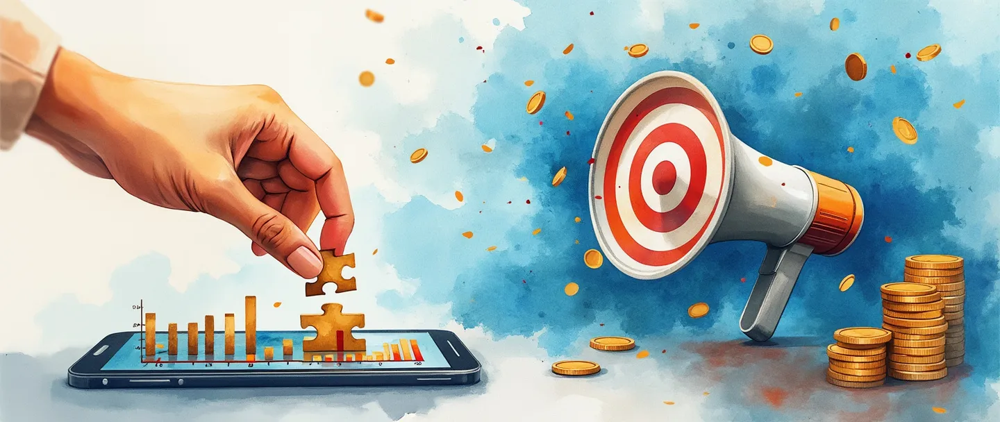 Uma pintura digital em aquarela de uma mão colocando peças de quebra-cabeça em um tabuleiro estratégico, com um alvo ao fundo e moedas caindo como chuva. Um smartphone exibe gráficos coloridos enquanto um megafone emite ondas de influência. Composição simples com vibrantes tons de azul e dourado, transmitindo uma estratégia de planejamento de mídia paga.