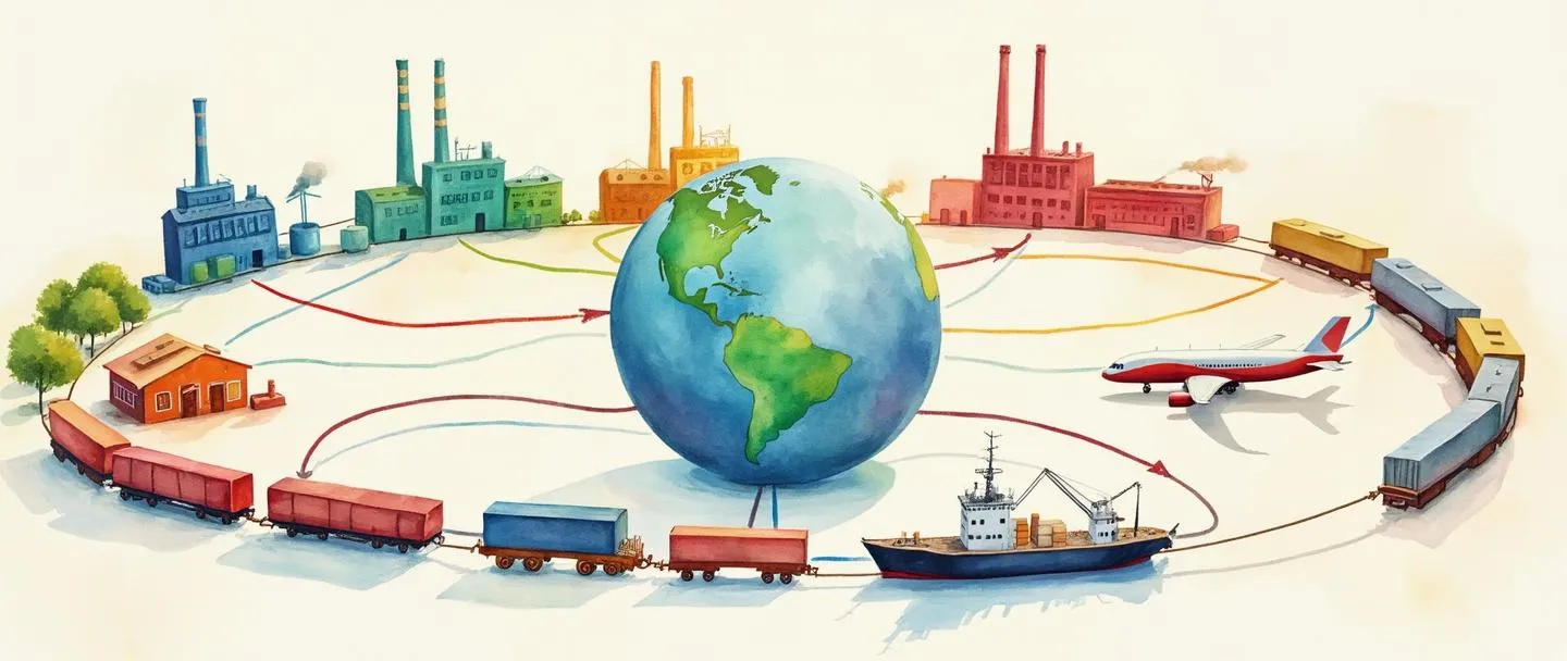 Uma pintura digital em aquarela mostrando uma cadeia conectada de edifícios de fábricas coloridos, navios, trens e aviões fluindo em um padrão circular. Um globo está no centro com setas conectando cada elemento de transporte, representando o fluxo de mercadorias. Composição simples com cores vibrantes contra um fundo claro.