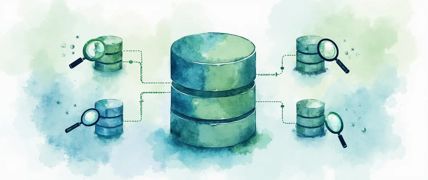 Uma pintura digital em aquarela de um símbolo de banco de dados central conectando-se a contêineres de dados menores e especializados. Cada contêiner possui uma lupa revelando insights específicos. Setas simples de fluxograma mostram o movimento de dados do banco de dados principal para marts especializados. Composição limpa com tons de azul e verde, representando inteligência de negócios organizada.