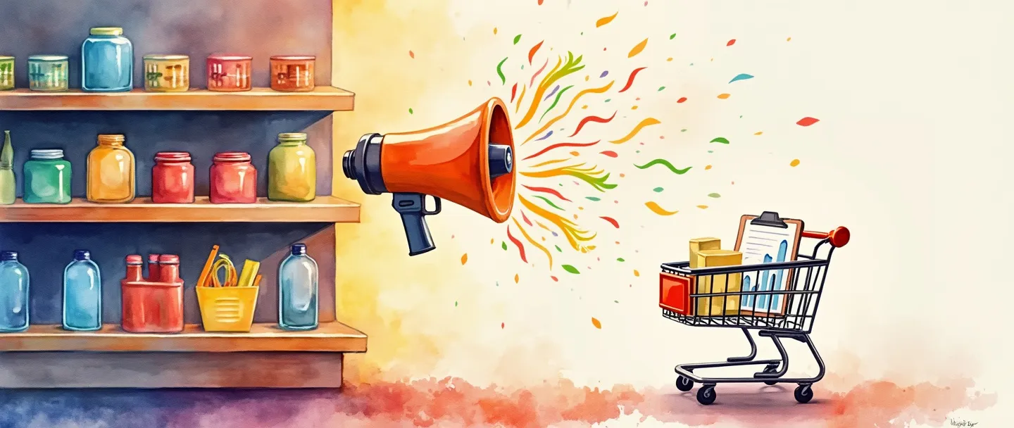 Uma pintura digital em aquarela de uma prateleira de loja com displays coloridos de produtos e um megafone emitindo ondas vibrantes. Um carrinho de compras próximo contém uma prancheta com um gráfico em ascensão. Composição simples com cores quentes, representando estratégia de marketing de merchandising.