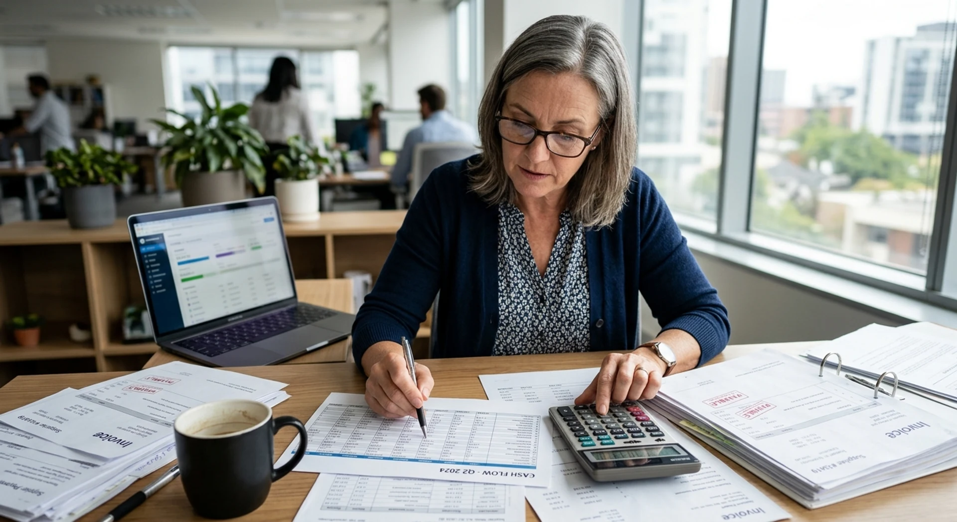 Empresário analisando documentos financeiros, calculadora e planilhas de fluxo de caixa em escritório moderno. Fotografia editorial profissional em alta resolução capturando momento autêntico de gestão empresarial.