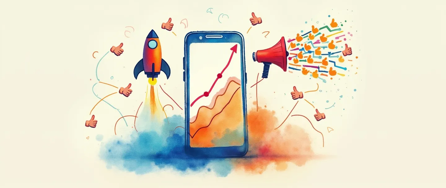 Uma pintura digital em aquarela de um smartphone com um gráfico ascendente na tela, cercado por ícones flutuantes de polegar para cima e linhas de conexão formando um formato de X. Um pequeno foguete impulsiona o gráfico para cima enquanto um megafone emite ondas coloridas. Composição simples com vibrantes tons de azul e laranja.