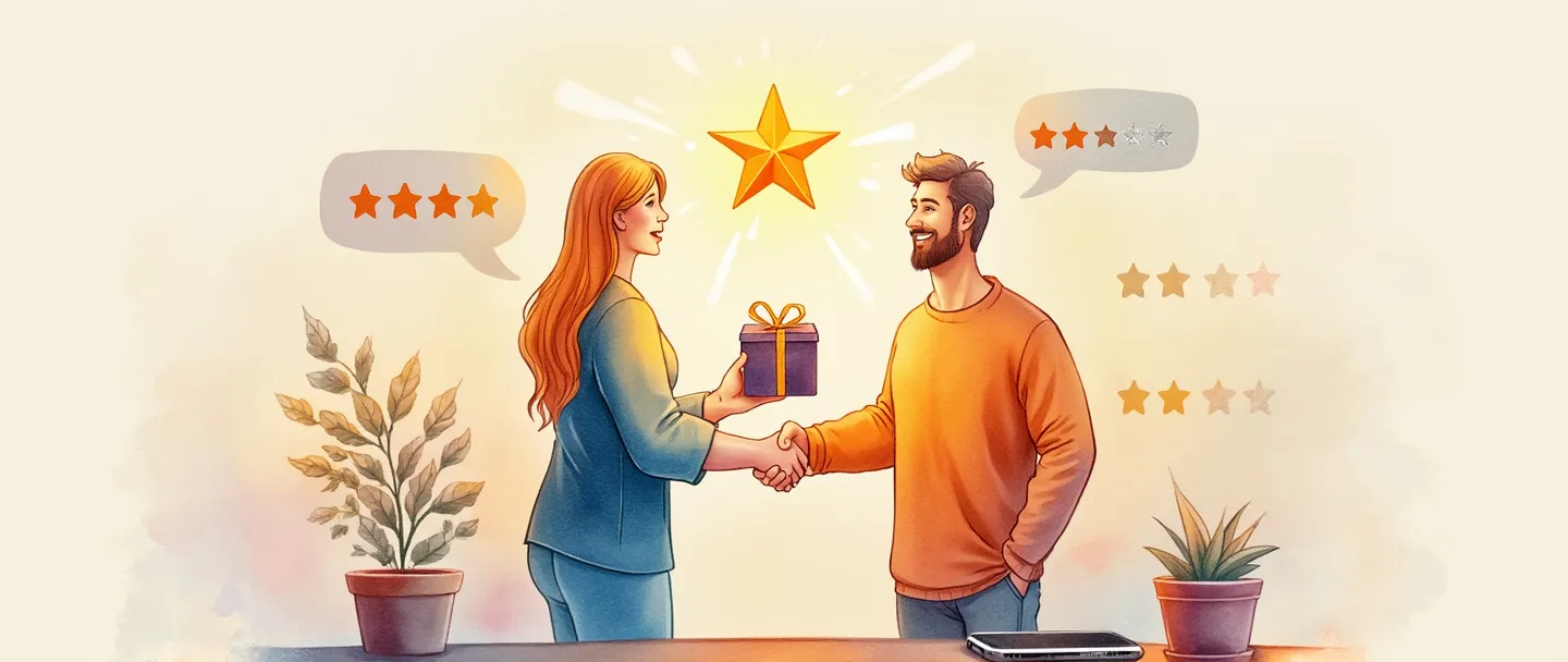 Uma pintura digital em aquarela de duas pessoas apertando as mãos com uma estrela brilhante acima delas. Uma pessoa está entregando uma pequena caixa de presente para a outra, com balões de fala contendo pequenas estrelas flutuando entre eles. Um smartphone exibe uma classificação de cinco estrelas próximo. Composição simples, cores quentes, conceito de recomendação.