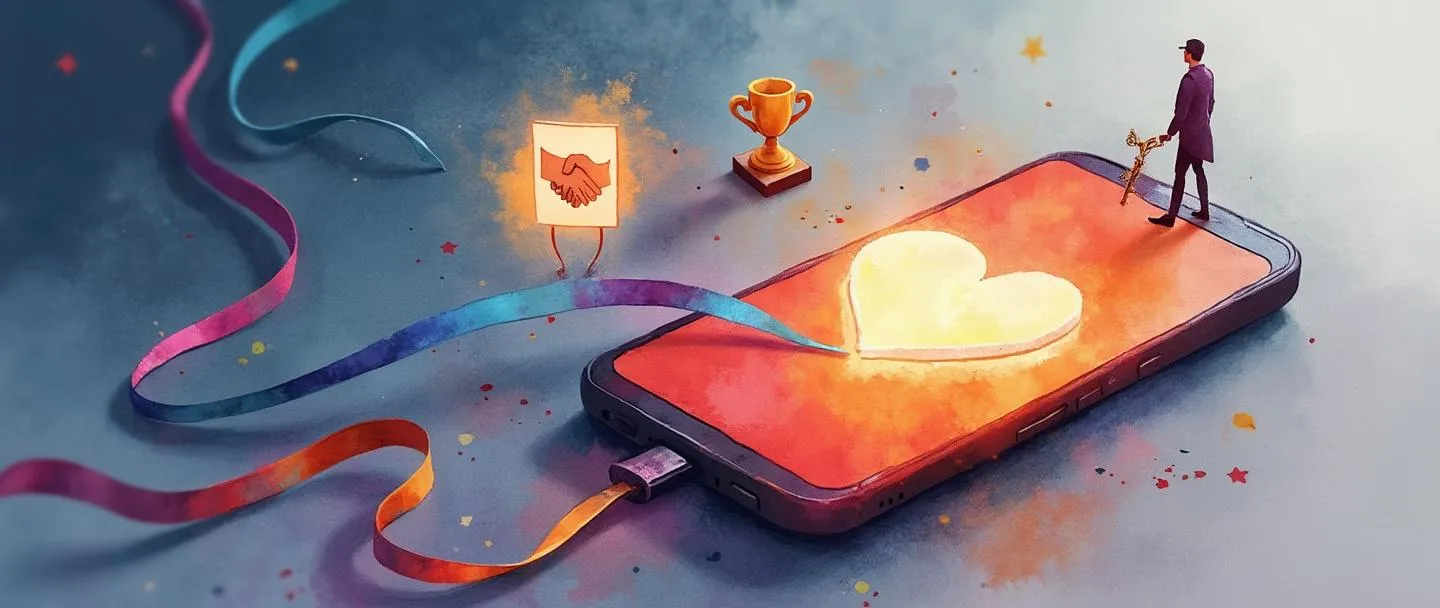 Uma pintura digital em aquarela de um smartphone com um coração brilhante na tela, conectado por fitas coloridas a uma silhueta de cliente. Um símbolo de aperto de mão flutua acima, com um pequeno troféu e uma chave próximos. Composição simples, cores quentes, representando fidelidade digital do cliente.