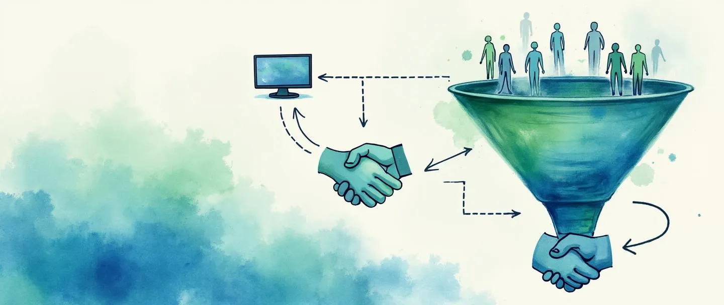 Uma pintura digital em aquarela de um funil coletando visitantes do site no topo e convertendo-os em clientes na parte inferior. Um fluxograma simplificado mostra a jornada através do funil com um computador no topo e um aperto de mãos na parte inferior. Design simples com azuis e verdes vibrantes, conceito de estratégia de negócios.
