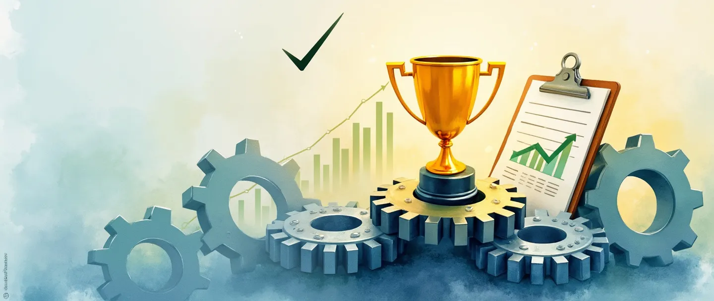 Uma pintura digital em aquarela de engrenagens entrelaçadas com um troféu dourado emergindo do centro. Um símbolo simples de marca de verificação de qualidade flutua acima, cercado por um brilho suave. Uma prancheta com um gráfico verde mostra progresso ascendente. Linhas limpas, paleta de cores profissional em azul e dourado, composição minimalista.