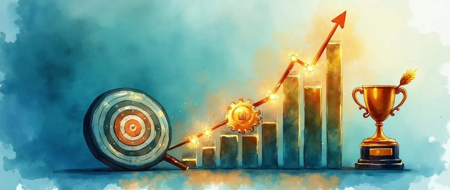 Uma pintura digital em aquarela de um gráfico com tendência ascendente com indicadores brilhantes sendo ajustados por pequenas engrenagens. Uma lupa paira sobre pontos-chave de dados que brilham mais do que outros. Um alvo simples com uma flecha no centro está próximo, com um pequeno troféu emitindo um brilho dourado sobre as métricas otimizadas. Estilo limpo e profissional com tons vibrantes de azul e verde.