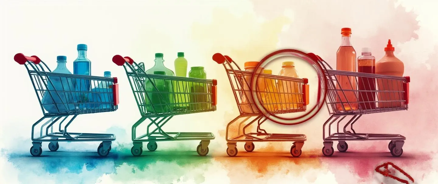 Uma pintura digital em aquarela de carrinhos de compras divididos em segmentos coloridos distintos, cada um contendo diferentes tipos de produtos. Uma lupa paira sobre um dos segmentos, revelando perfis de clientes e padrões de compra. Composição simples com cores vibrantes contra um fundo limpo.