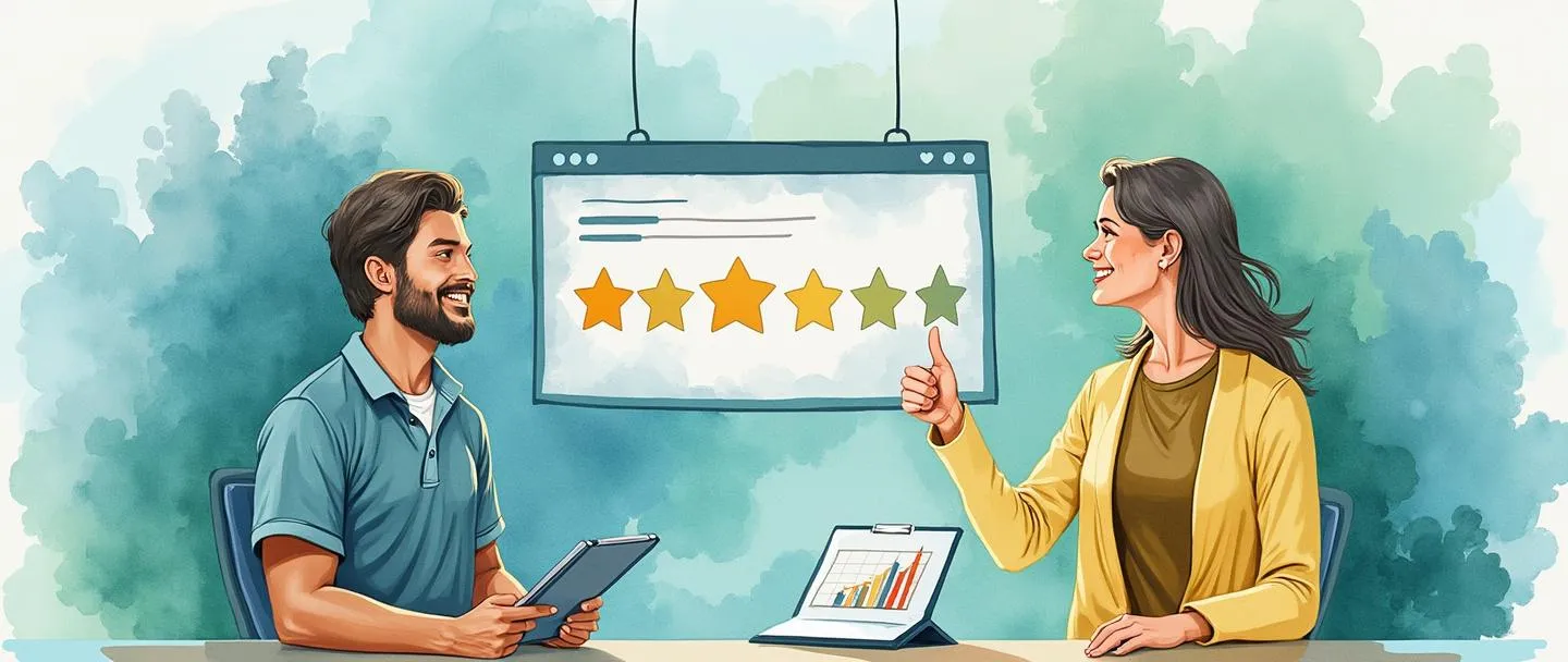 Uma pintura digital em aquarela de um cliente sorridente fazendo sinal de positivo para um representante de atendimento. Entre eles flutua uma prancheta com um gráfico de avaliação de 5 estrelas. Composição simples com tons vibrantes de azul e verde, transmitindo a medição da satisfação do cliente. Uma pequena tela de computador mostra um gráfico de barras ascendente com um símbolo de coração.