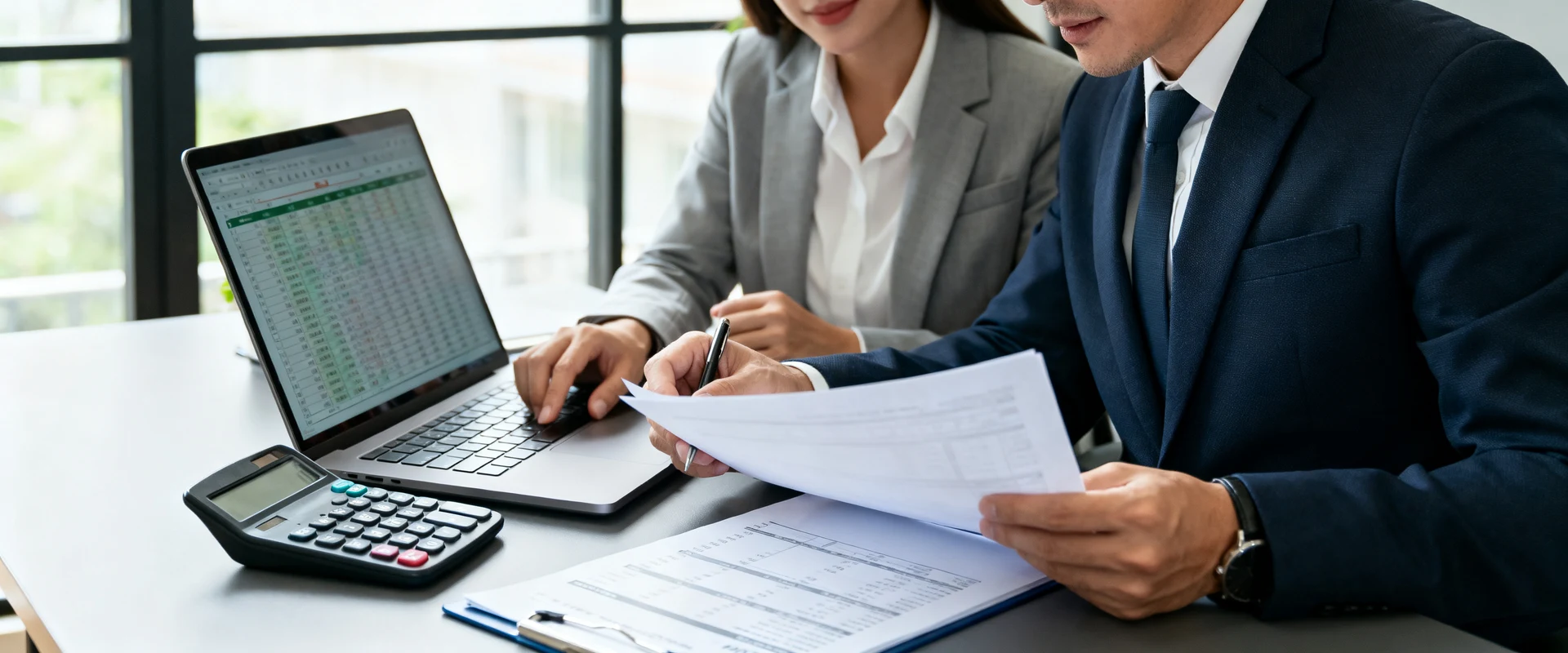 Planejamento tributário empresarial: como funciona na prática Fotografia editorial profissional de contador e empresário revisando documentos fiscais e formulários tributários em escritório moderno, com calculadora e laptop mostrando planilhas, luz natural, foco nítido, alta resolução, pessoas e objetos reais.