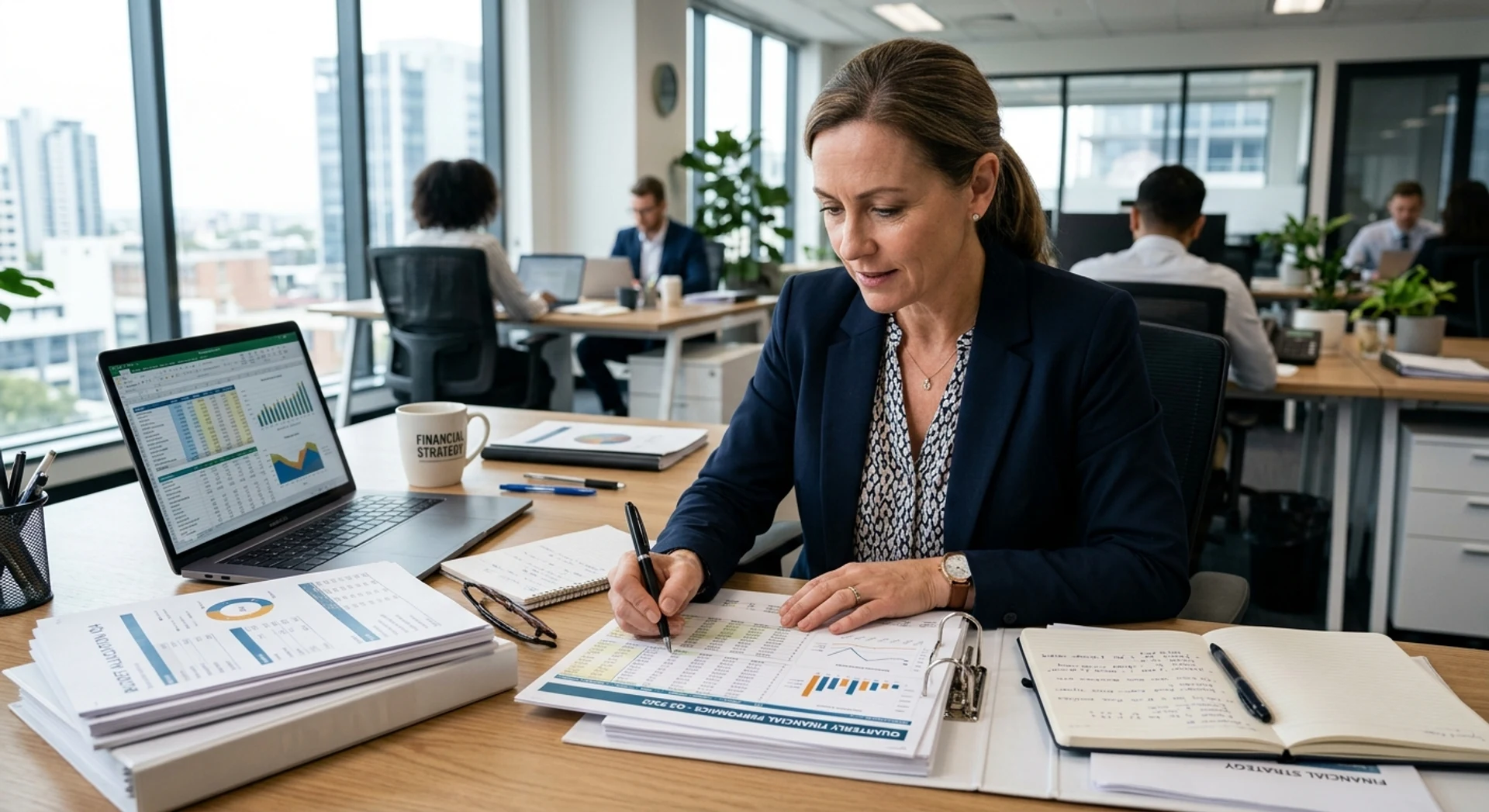 Fotografia editorial ultra-realista de gerente financeiro profissional trabalhando em escritório moderno, revisando planilhas e relatórios. Imagem autêntica capturada com Canon EOS R5, luz natural, foco nítido e alta resolução para uso corporativo e editorial.