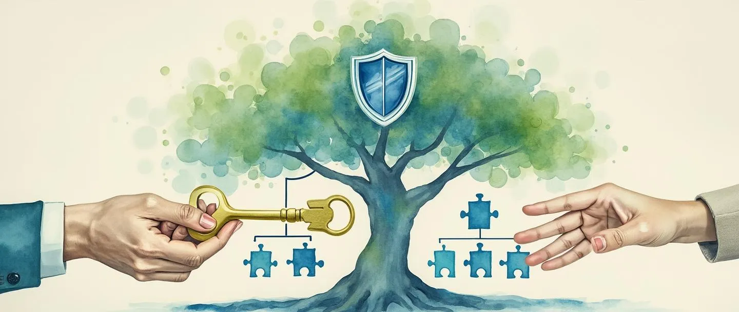Uma pintura digital em aquarela de uma árvore genealógica se transformando em um organograma, com peças de quebra-cabeça conectando diferentes ramos. Um escudo protetor envolve a estrutura, enquanto uma chave dourada passa de uma mão para outra. Composição simples com tons suaves de azul e verde, transmitindo planejamento sucessório e continuidade de negócios familiares.