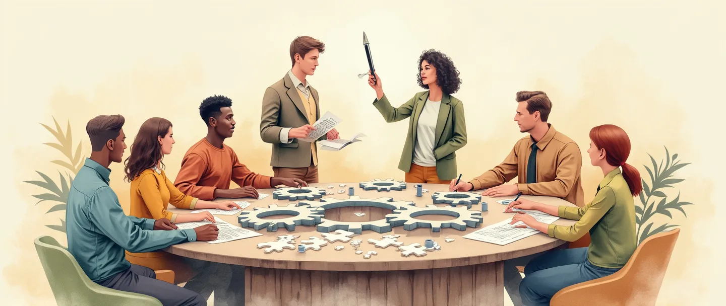 Uma pintura digital em aquarela de pessoas diversas trabalhando juntas ao redor de uma mesa circular, com engrenagens conectando-as. Um líder está levemente elevado, segurando uma bússola enquanto outros colaboram com peças de quebra-cabeça. Um pequeno gráfico de crescimento aparece ao fundo. Composição simples, cores quentes, atmosfera de trabalho em equipe.