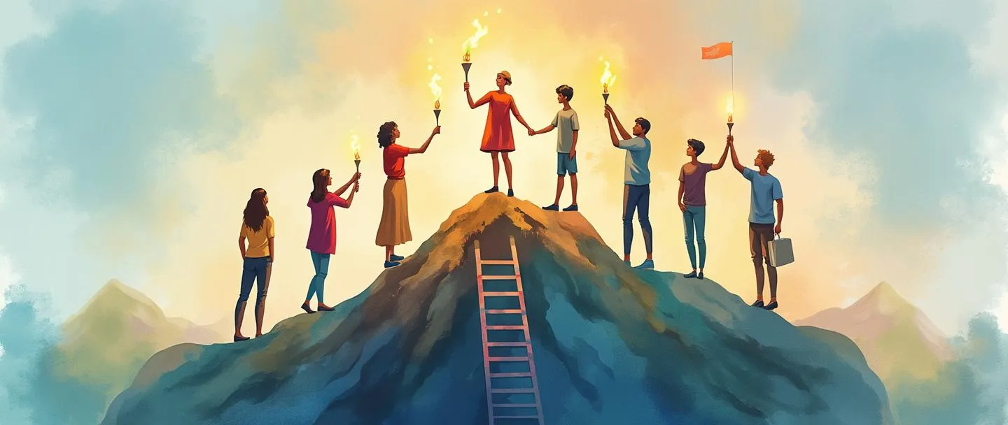 Uma pintura digital em aquarela de jovens diversos em pé sobre um pódio, segurando uma tocha que ilumina seu caminho à frente. Atrás deles, uma escada leva ao pico de uma montanha com uma bandeira. Composição simples com cores vibrantes, representando liderança juvenil, crescimento e conquista.