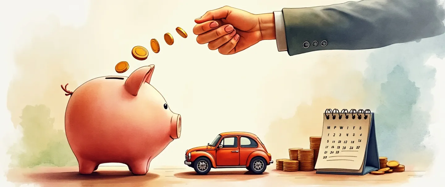Uma pintura digital em aquarela de um cofre de porquinho conectado a um pequeno carro por moedas fluindo, com um calendário mostrando pagamentos mensais ao fundo. Um aperto de mãos forma um arco sobre a cena, com um contrato simples próximo. Cores quentes, composição limpa, conceito de planejamento financeiro.