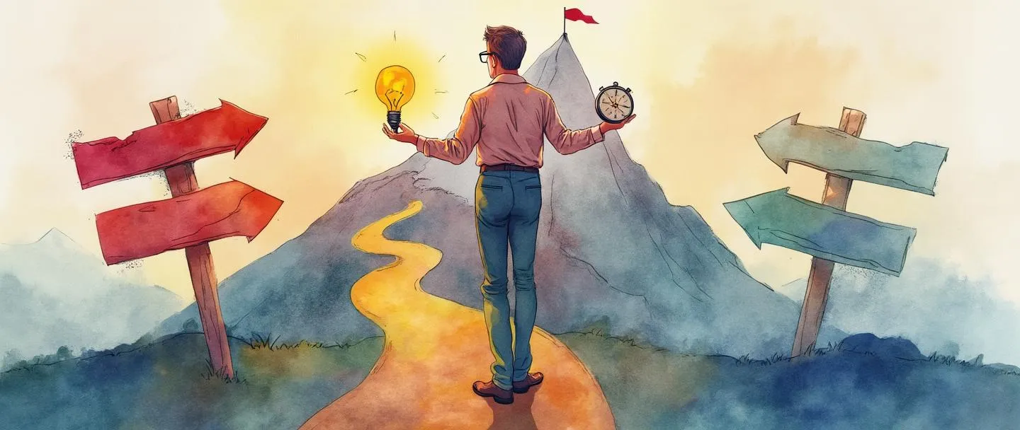 Uma pintura digital em aquarela de uma pessoa usando óculos segurando uma bússola em uma mão e uma lâmpada na outra, em pé em uma encruzilhada com placas apontando para diferentes caminhos. Atrás dela há uma montanha simplificada com uma bandeira no topo. A cena usa cores vibrantes, mas profissionais, para transmitir liderança e direção estratégica.