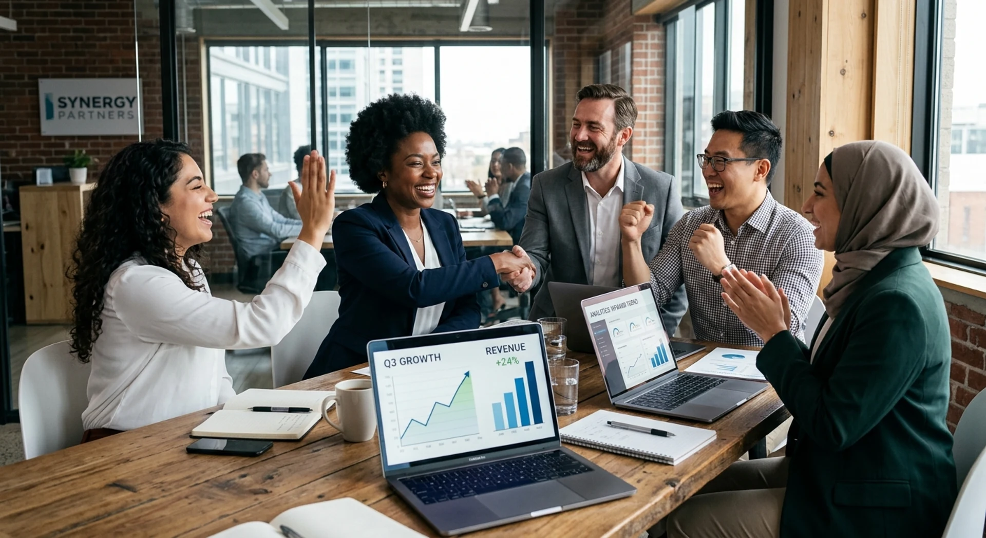 Cases de Sucesso: Empresas que Transformaram Seus Resultados com a Berry Equipe de negócios diversa celebrando sucesso em escritório moderno com gráficos de crescimento em laptops, fotografia editorial ultra-realista com luz natural, pessoas reais em momento autêntico de conquista profissional.