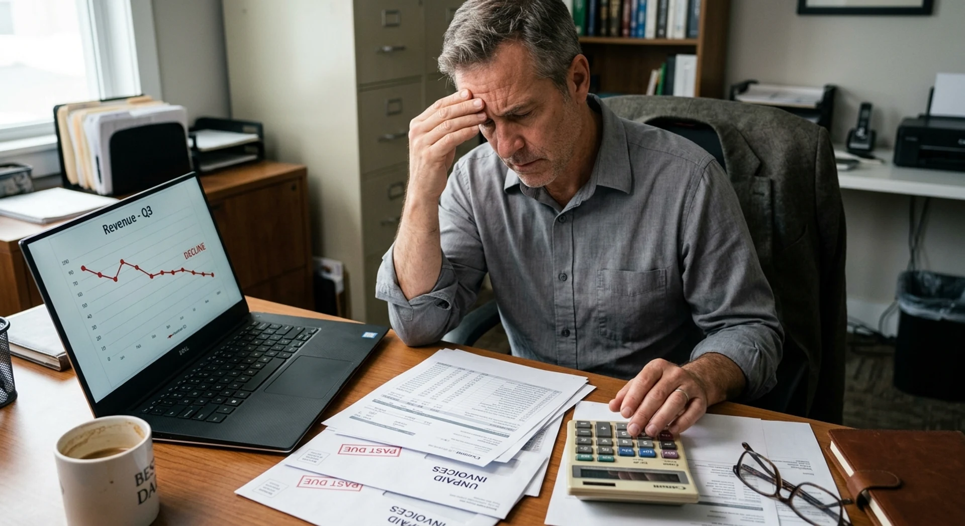 Como evitar falência empresarial: principais sinais de alerta Empresário estressado analisando documentos financeiros e contas no escritório com calculadora e laptop mostrando gráficos em declínio, fotografia editorial ultra-realista em alta resolução com luz natural