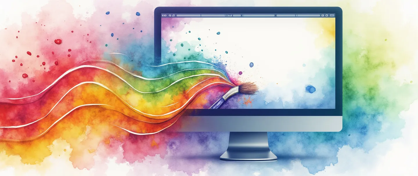 Uma pintura digital em aquarela de uma tela de computador exibindo uma paleta de cores com amostras vibrantes fluindo pela tela. Um pincel toca a paleta, criando um belo espectro de arco-íris que forma um layout simples de site. Design limpo, cores harmoniosas, artístico mas profissional.