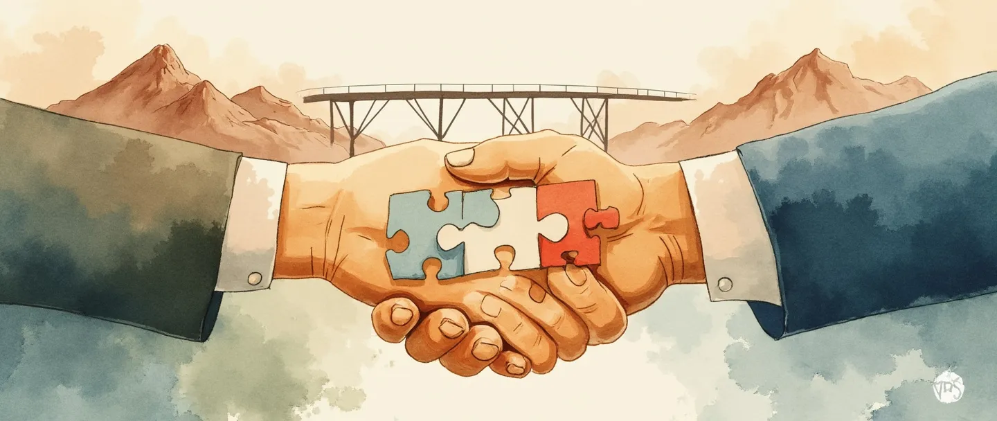 Uma pintura digital em aquarela de duas mãos se encontrando em um aperto de mão, com peças de quebra-cabeça conectando-se entre elas. Acima do aperto de mão, uma pequena ponte se estende entre duas montanhas simplificadas. Composição simples, cores quentes, tema de formação de parceria.