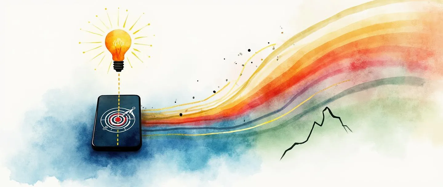 Uma pintura digital em aquarela de um smartphone emitindo ondas digitais coloridas que se conectam a uma bússola e a um alvo com centro. Uma pequena lâmpada flutua acima, iluminando um caminho simplificado que leva ao pico de uma montanha. Estilo limpo e minimalista com tons vibrantes de azul e laranja contra um fundo branco.