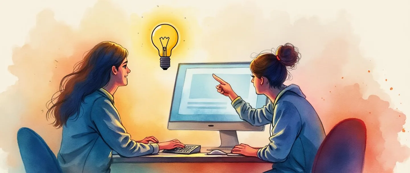 Uma pintura digital em aquarela de duas pessoas sentadas lado a lado em frente a um computador, compartilhando um teclado e mouse. Uma pessoa está digitando enquanto a outra aponta para a tela. Uma lâmpada brilha acima delas, representando ideias compartilhadas. Composição simples com cores quentes e colaborativas.