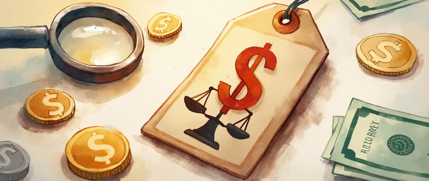 Uma pintura digital em aquarela de uma etiqueta de preço com uma balança sobre ela, cercada por moedas e notas de dólar. Uma lupa paira acima, revelando um selo dourado de qualidade na etiqueta de preço. Composição simples com cores quentes destacando a relação entre preço e valor.