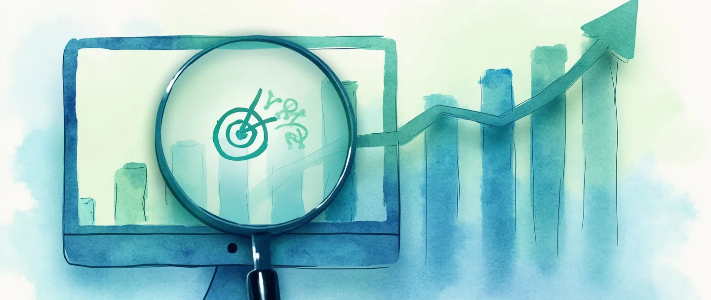 Uma pintura digital em aquarela de uma tela de computador mostrando um gráfico ascendente com um ícone de alvo no pico. Uma lupa paira sobre a tela, revelando uma porcentagem de conversão mais alta. Design simples e limpo com tons de azul e verde transmitindo otimização e sucesso.