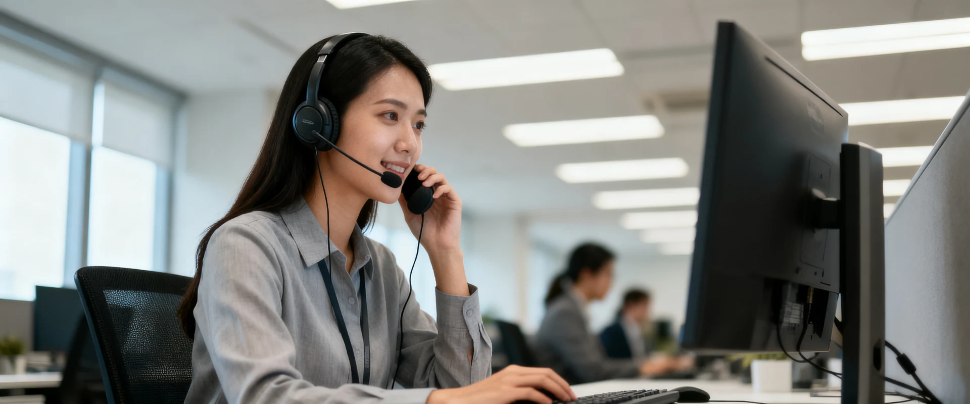 Fotografia editorial ultra-realista de atendente profissional de call center usando headset e trabalhando ao telefone em escritório moderno, capturada com Canon EOS R5, luz natural, foco nítido e detalhes autênticos em alta resolução.