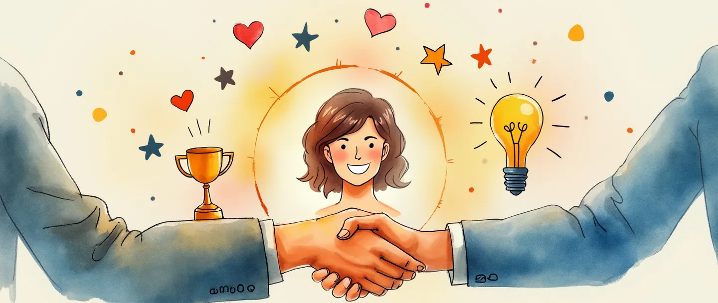 Uma pintura digital em aquarela de um cliente sorridente no centro, cercado por um círculo brilhante de experiências positivas. Um aperto de mão conecta o cliente a um representante de negócios, com pequenas estrelas e corações flutuando acima. Composição simples com cores vibrantes mostrando pontos de contato da jornada do cliente, com um pequeno troféu e uma lâmpada próximos, representando sucesso e ideias.