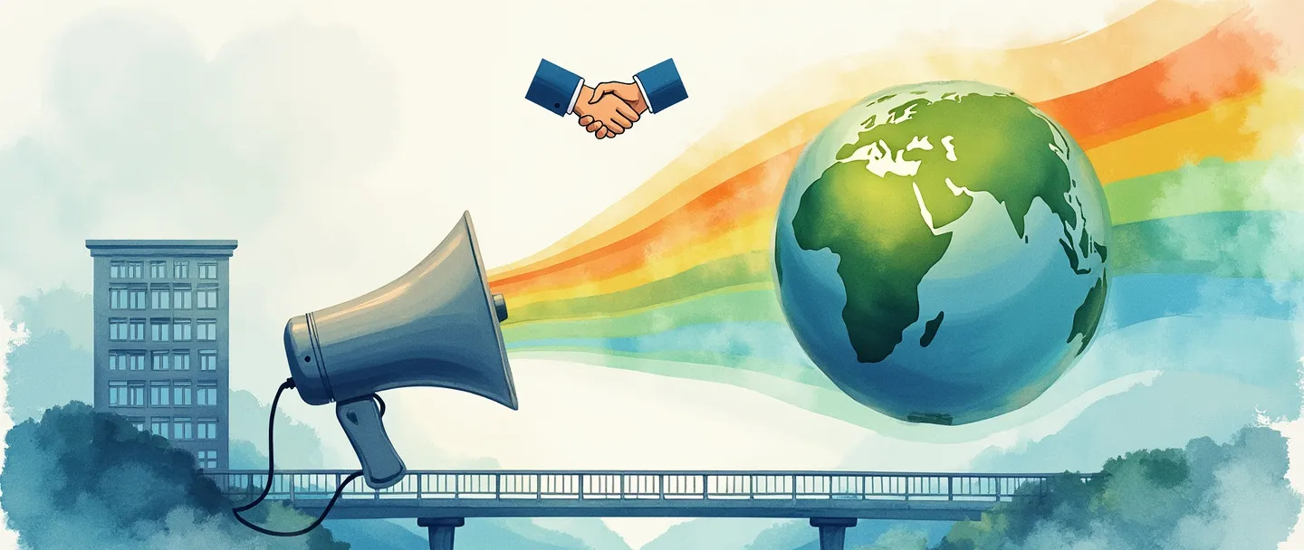 Uma pintura digital em aquarela de um megafone projetando ondas coloridas que se conectam a um globo. Uma ponte se estende de um prédio de escritórios até o globo, com um símbolo de aperto de mãos flutuando acima. Composição simples com vibrantes tons de azul e verde, representando a comunicação externa fluindo para o exterior.