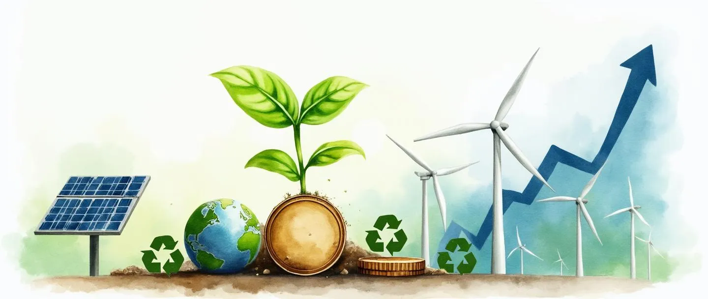 Uma pintura digital em aquarela de uma muda verde crescendo a partir de uma moeda, cercada por símbolos de energia renovável como painéis solares e turbinas eólicas. Um pequeno globo está próximo com um símbolo de reciclagem. O fundo mostra um gráfico simples ascendente em azul suave. Conceito de finanças limpas e sustentáveis com cores terrosas.
