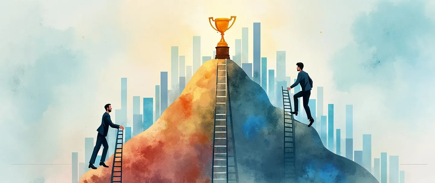 Uma pintura digital em aquarela de dois empresários subindo escadas separadas em direção a um único troféu no topo de uma montanha. Um dos escaladores está ligeiramente à frente, olhando para trás com determinação. Gráficos de barras simples se elevam no fundo. Paleta de cores vibrante mas limitada, composição limpa, tema de competição corporativa.