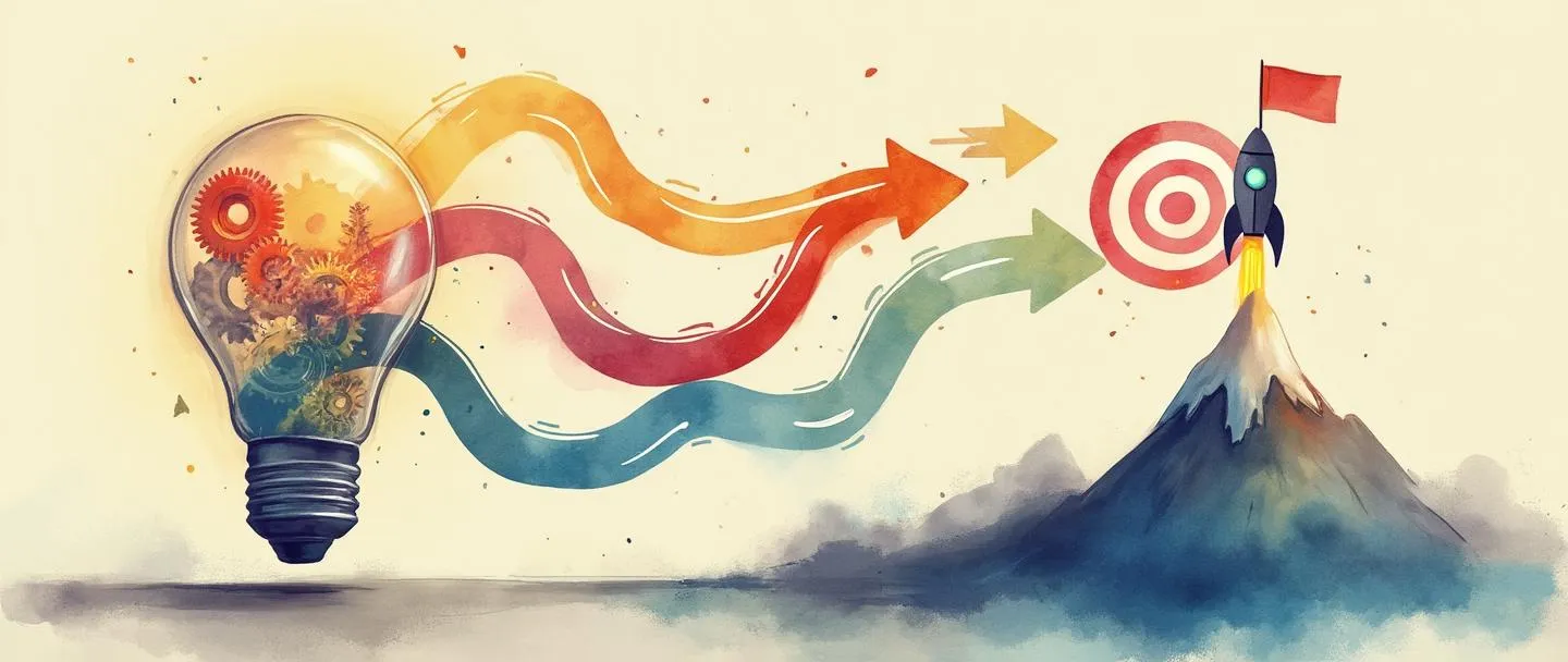 Uma pintura digital em aquarela de uma lâmpada com engrenagens dentro, brotando setas coloridas de inovação que espiralizam para cima em direção a um alvo. Um pequeno foguete é lançado ao longo do caminho de crescimento, enquanto uma montanha simplificada com uma bandeira representa a conquista. Cores quentes, linhas limpas, fundo minimalista.