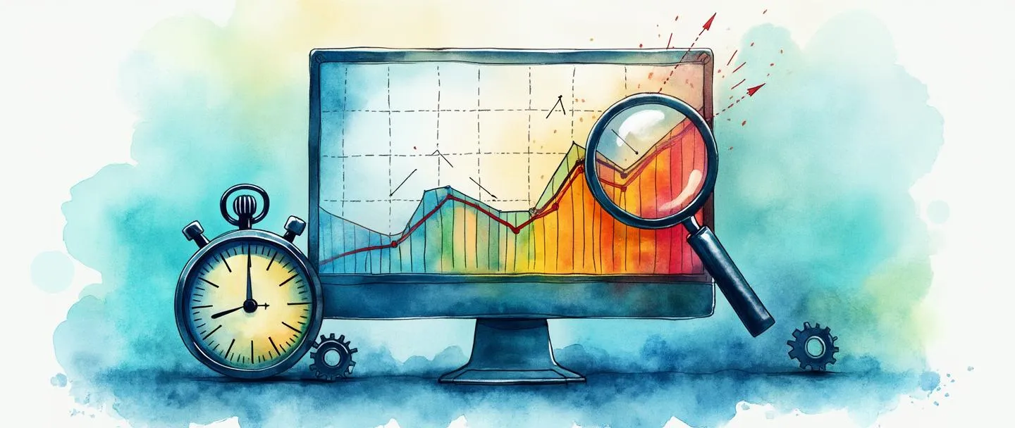 Uma pintura digital em aquarela de uma tela de computador exibindo um gráfico de linhas colorido com tendência ascendente, com uma lupa pairando sobre pontos-chave de desempenho. Um cronômetro e engrenagens flutuam nas proximidades, simbolizando eficiência e monitoramento do sistema. Composição simples com azuis e verdes vibrantes, transmitindo otimização técnica.